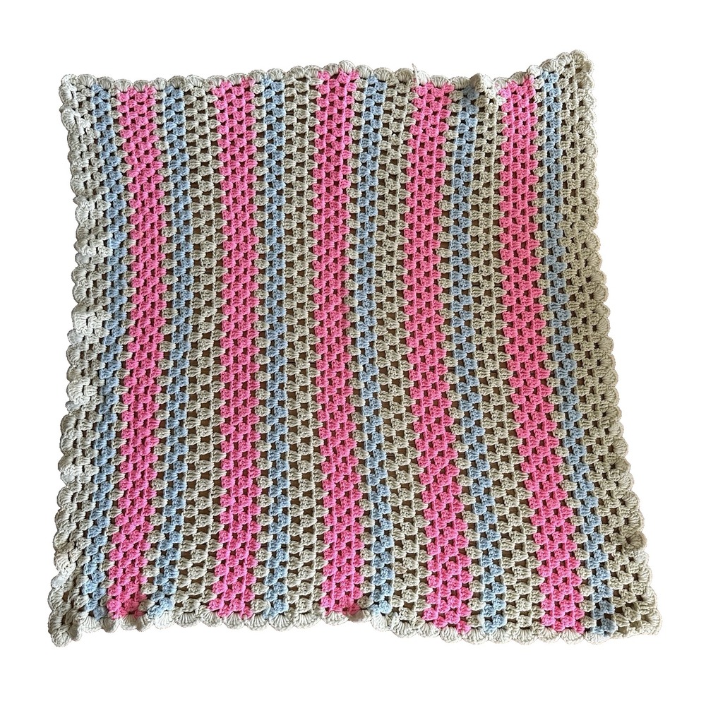 Vintage Handmade Granny Square Afghan Blanket Throw Pink Blue Tan 43X41
